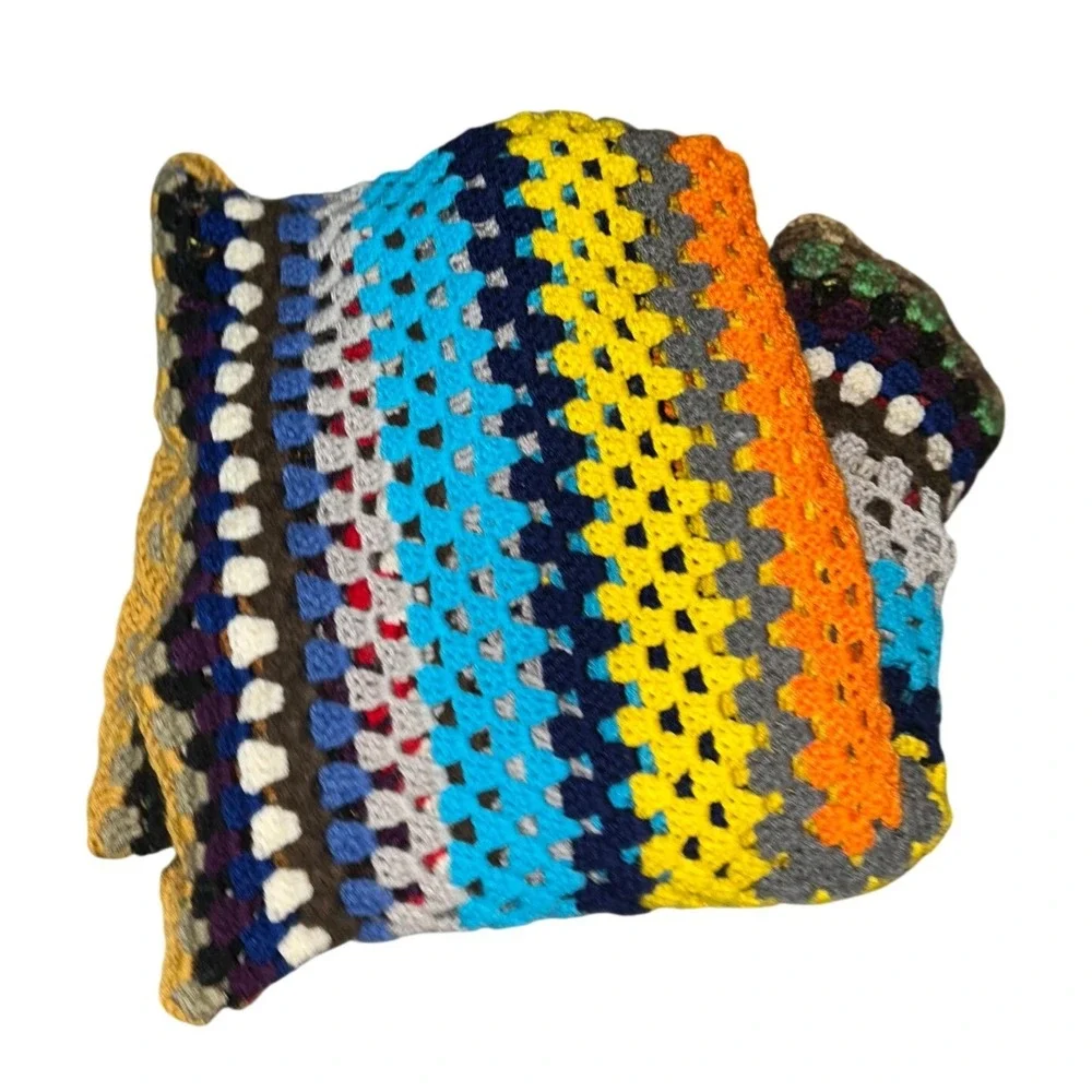 Vintage Handmade Crochet Granny Square Blanket Multi Color‎ Boho Throw Afghan